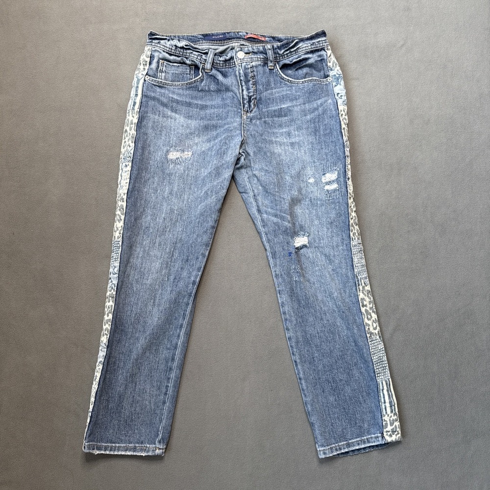 Pilcro Jeans Womens 29 Petite Blue Slim Boyfriend Crop Side Patchwork Distressed